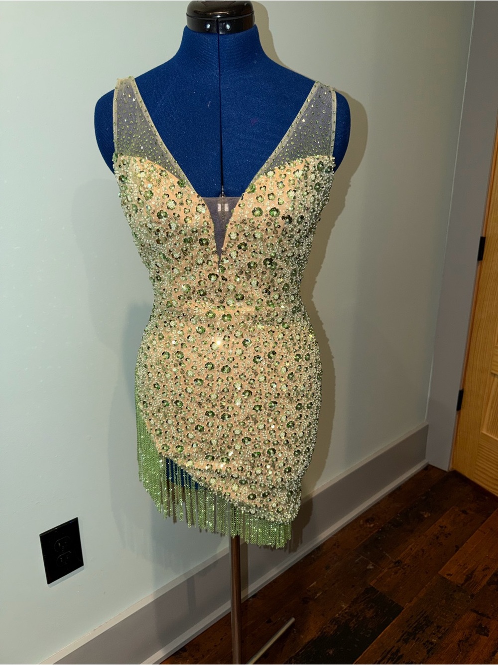 Vienna Prom Green and Nude Beaded V-Neck Mini Dress